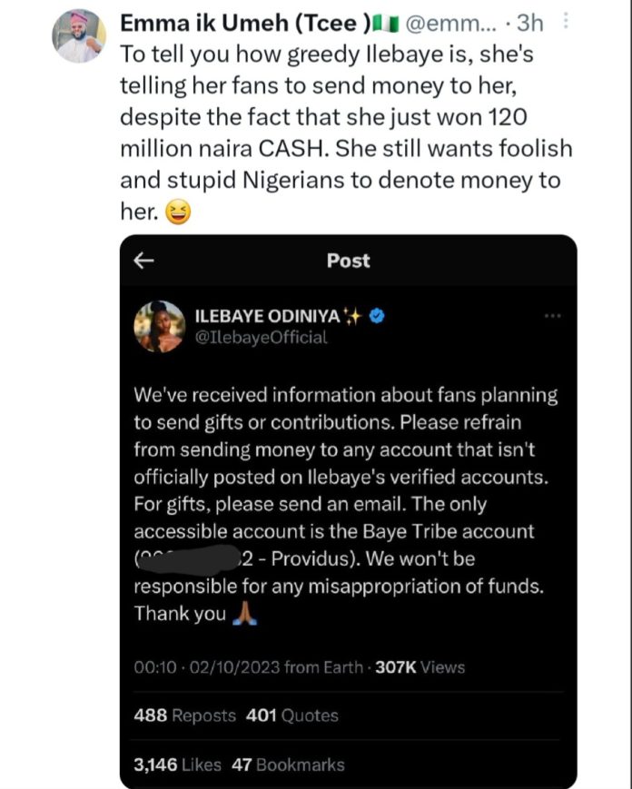 BBNaija All Stars:“She’s greedy” – Fans come for Ilebaye for posting her account details online after winning 120 million