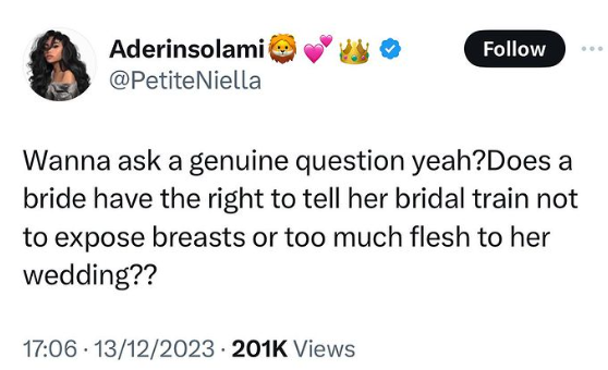 Does a bride have the right to tell her bridal train not to expose breasts or too much flesh? – Nigerian lady asks